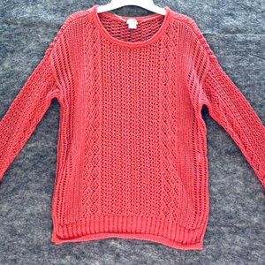 Chicos Womens Sweater Size 1 M Coral Open Weave Pullover 3/4 Sleeve Cotton Blend